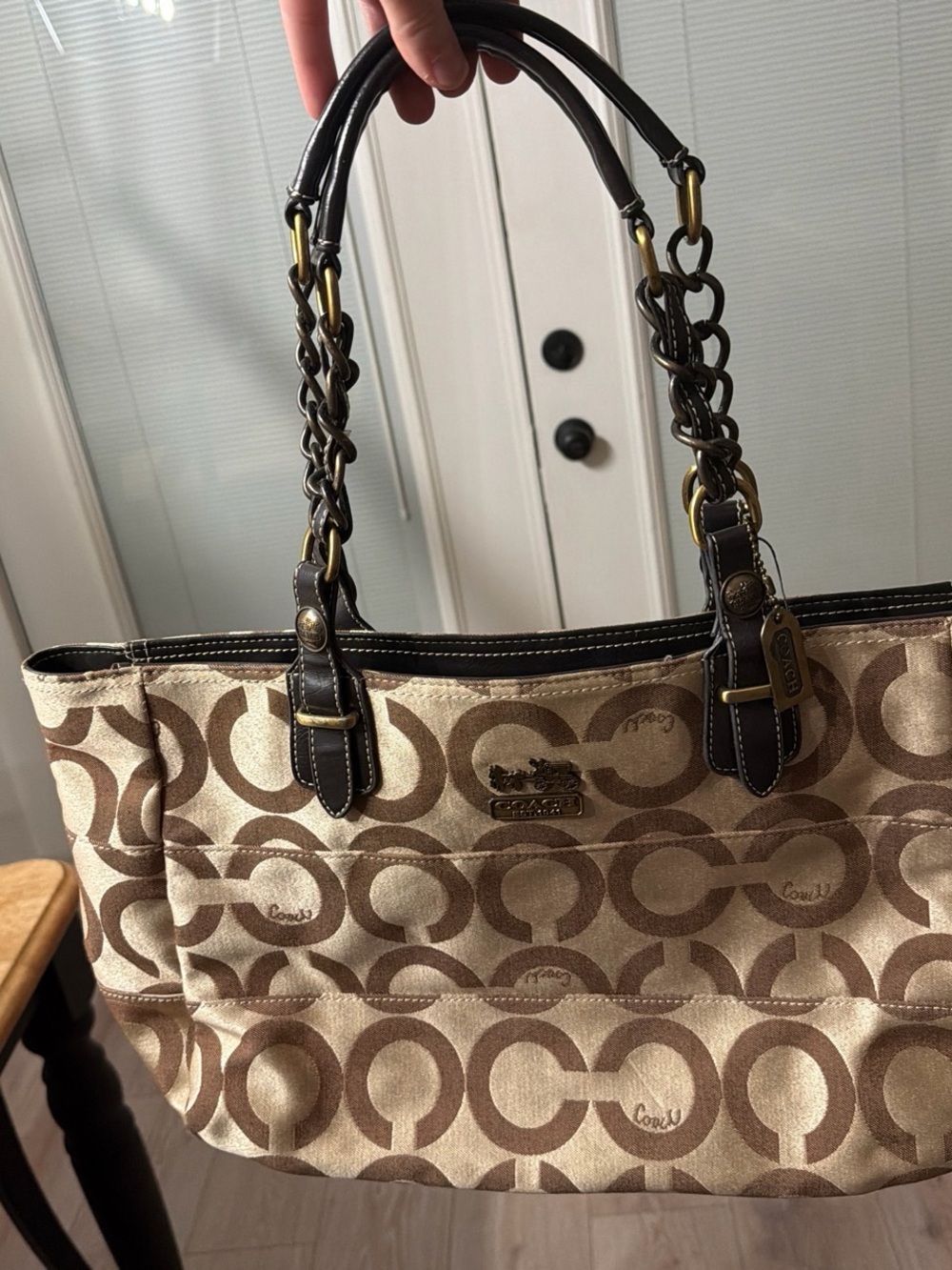 Coach Beige and Brown Signature Chain-Handle Tote